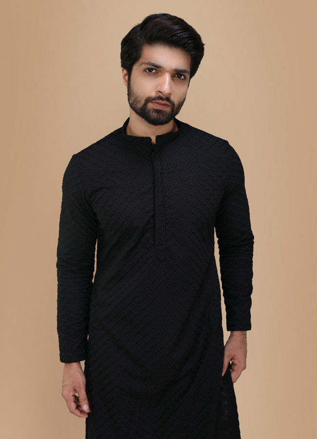 Black Self Embroidered Kurta Set image number 0